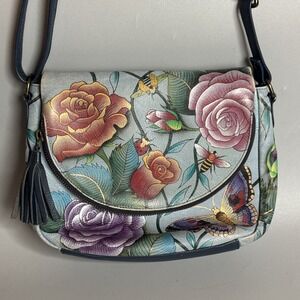 Anuschka Hand Painted Floral Butterfly Leather Shoulder Bag Blue Bug Insect